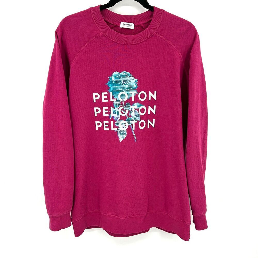 PELOTON Pink Maroon Rose Spell Out Oversized Crew Neck Sweater Size Medium